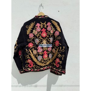 Elegant Velvet Jacket With Hand Embroidered Floral Pattern Mandarin Collar Full Sleeve Winter <b>Coat</b> - Product Image 2