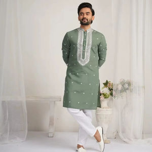 Conjunto de Kurta y Pijama de Seda Romana Bordada para Hombre, Ideal para Bodas y Festivales, Ropa Tradicional para Hombres y Niños - Product Image 1