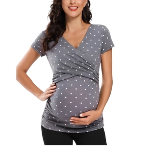 Camiseta de Maternidad para Mujer, Cuello en V, con Estampado de Puntos, Manga Corta, Informal, Elástica, Tejida, Gris con Puntos Blancos, Transpirable, para Todas las Temporadas - Product Image 1