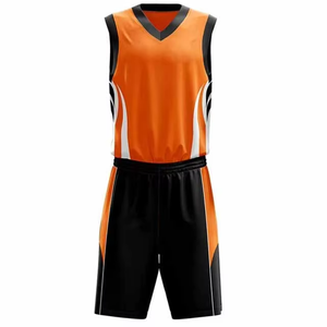 Ensemble de maillots et shorts de basket-ball personnalisés pour équipe, orange et noir, unisexe, avec bordure noire, sans manches, séchage rapide, respirant, 100% polyester - Product Image 2