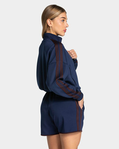 New Fashion OEM Custom Drop Shoulder <b>Dark</b> <b>Blue</b> Crop Zip Jacket & Shorts With Stripes Womens Tracksuits Streetwear Women's Hoodie - Product Image 4