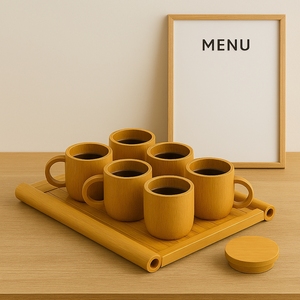 Juego de Tazas con Bandeja de Bambú Estilo Bohemio Ecológico |   Juego de Servir Café y Té Sostenible para Fiestas y Regalos |   Uso en Cafeterías y Hoteles - Product Image 5