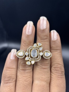 Floral Shape Silver <b>Cocktail</b> <b>Ring</b> Moissanite Stone Oval Shape <b>Gold</b> Plated Amaira Jewels Women Wedding Jewelry Classic Adjustable - Product Image 1