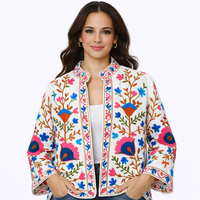 Blouson Bomber en Velours et Coton Matelassé Brodé Floral, Manches Classiques, Réversible, Écologique, Chic Bohème Printemps, Vêtement d'extérieur pour Femme