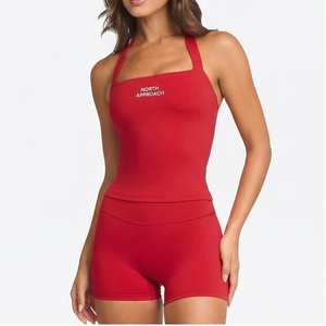 North Approach Red 2 Piece Yoga <b>Set</b> <b>Square</b> Neck Halter Crop Top High Waist Shorts Active Stretch Solid Color Women's Sportswear - Product Image 1
