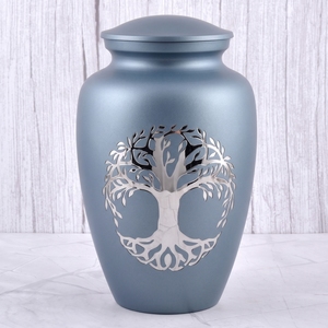 Urna Funeraria para Adultos en Latón Azul y Plateado con Acabado Mate, Diseño Árbol de la Vida para Guardar Cenizas Humanas - Product Image 1