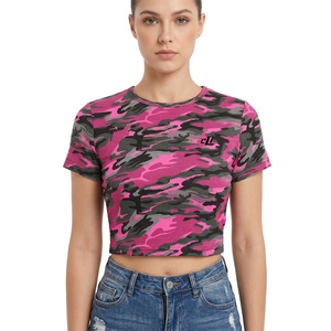 Camiseta corta ajustada de camuflaje rosa para mujer al por mayor, camiseta de moda elástica premium para mujer, camiseta de manga corta ajustada estilo Y2K para streetwear - Product Image 1