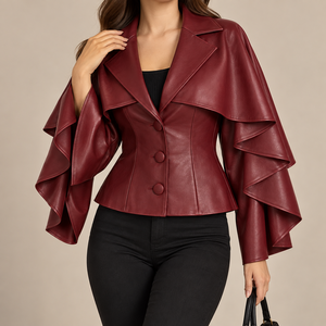 Women Burgundy <b>Leather</b> Ruffle Sleeve Fitted <b>Blazer</b> <b>Jacket</b> Peplum Button Front Fashion Coat - Product Image 1