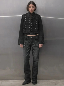Y2K Retro Hussars Jacket Turn-down Collar <b>Double</b> <b>Breasted</b> Horn Button Regular-Length Denim Jacket <b>Men</b> Boxy <b>Coat</b> Front - Product Image 3