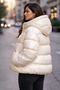 Women's Cream Quilted Puffer Jacket Hooded Full Sleeve Zipper Closure Thick Winter <b>Coat</b> Solid Color Woven Polyester - Product Image 2
