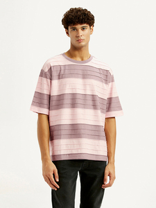 Camiseta de Algodón a Rayas para Hombre, Manga Corta, Cuello Redondo, Corte Regular Informal, Tejido de Punto Transpirable, Rosa Morado - Product Image 5