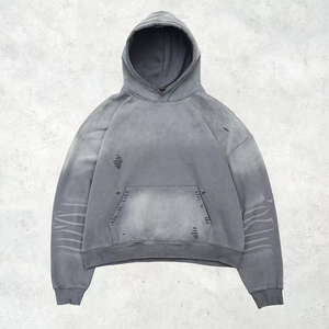Sudadera con Capucha y Cremallera para Hombre, Corte Regular, Color Gris, Largo Regular, Algodón French Terry, Diseño Desgastado con Bolsillos, Invierno - Product Image 1