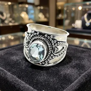 Vintage 925 Sterling Silver Cocktail Ring With Blue Topaz Bezel Setting Unisex Everyday Wear - Product Image 3