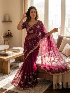 Premium Designer Saree Collection Soft Chiffon Sequance Zari Embroidery Work Stretchable <b>Ankle</b>-Length Party Diwali Wrinkle-Free - Product Image 4