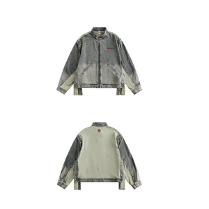 Blouson Bomber en Denim Réversible Écologique Unisexe Vintage Streetwear Color Block Col Rabattu Fermeture Éclair Lavé - Product Image 1