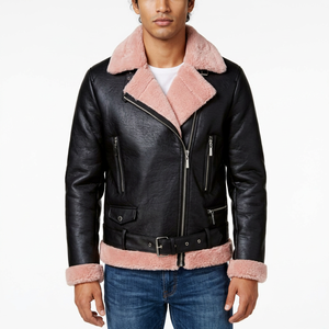 Blouson de motard en cuir noir pour homme avec col en fourrure Sherpa rose, fermeture éclair asymétrique, coupe-vent d'hiver, séchage rapide, style urbain - Product Image 1