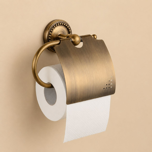 Porte-papier toilette en laiton antique avec couvercle, support mural de luxe pour rouleau de papier toilette, accessoire élégant pour salle de bain - Product Image 1