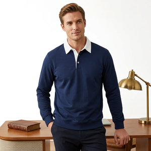 Polo de Punto de Manga Larga Azul Marino para Hombre, Color Sólido, Estilo Casual Elegante, Diseño Anti-Pilling de Algodón, Hecho en Bangladesh - Product Image 4