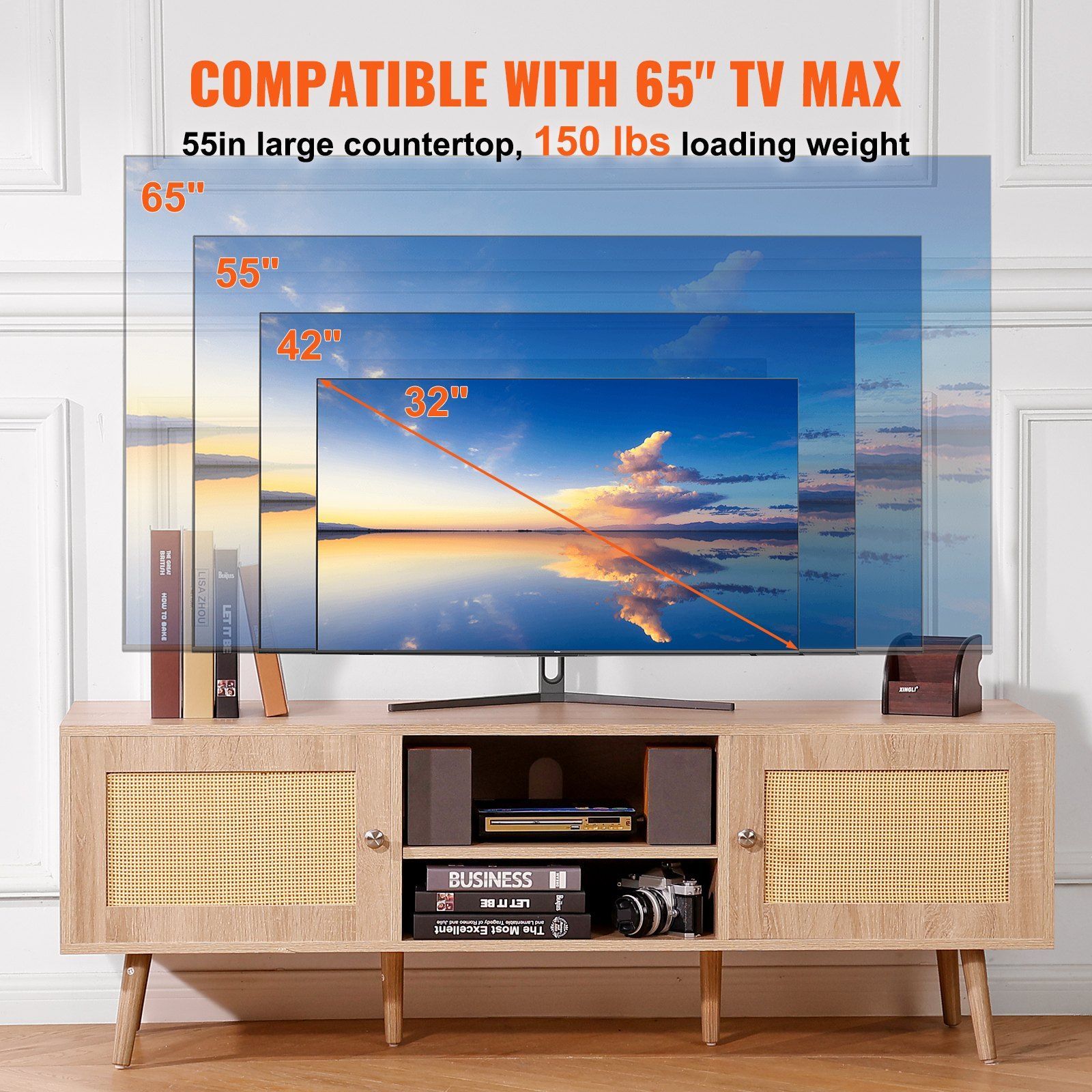 58" Inch Rattan TV Stand for TV Up to 65 Inch, Boho Entertainment Center with Storage 58" Inch Rattan TV Stand for TV Up to 65 Inch, Boho Entertainment Center with Storage