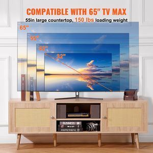 Metà del secolo moderno 65 pollici supporto TV Boho Rattan & rovere porta USB porta porta regolabile per sala multimediale soggiorno - Product Image 4
