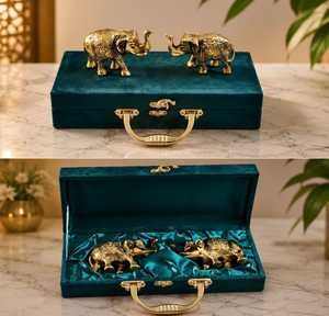 Luxury Golden <b>Elephant</b> Figurine Pair in Premium Velvet Gift Box <b>Decorative</b> Brass Finish <b>Elephant</b> Set Wedding Return Gift - Product Image 3