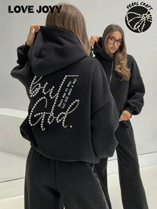 Sweat-shirt à capuche noir en molleton avec lettres en strass, poches, unisexe, décontracté, tricoté, coupe classique, 100 % coton respirant - Product Image 6