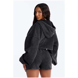 <b>Women's</b> <b>Blue</b> Cropped <b>Hoodie</b> With Drawstring Shorts Set Oversized Fleece Sweatshirt And Shorts Spring Casual Wear - Product Image 3