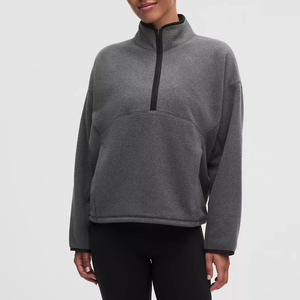Chaqueta de Forro Polar Gris para Mujer con Cuello Alto, Manga Larga, Cierre de Cremallera 1/4, Top para Gimnasio y Yoga - Product Image 1
