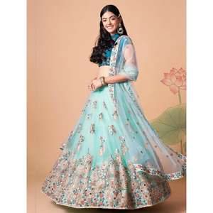 Notable Sky Blue Mirror Work Net Recepción Wear Lehenga Choli - Product Image 6