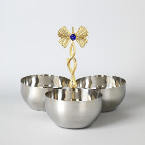 Luxury Silver Double Serving Bowl With Gold Reindeer Handle Elegant Metal Twin Nut Tray For Christmas Home Decor - Product Image 1