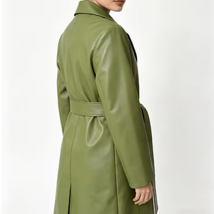 Gabardina de Mujer de Piel Sintética, Larga, de Color Sólido, con Cuello de Solapa, Manga Larga, con Cinturón, Estilo Minimalista para Otoño - Product Image 2