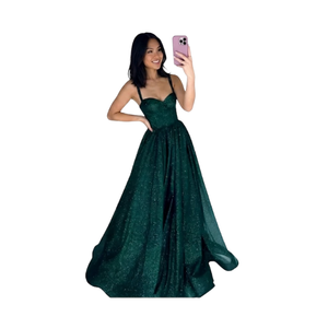 Robe de soirée élégante verte à sequins, col cœur, bretelles spaghetti, longueur ras du sol, en satin, pour femme - Product Image 4