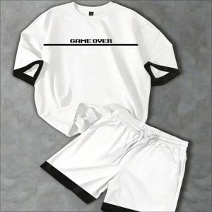 Ensemble deux pièces homme en polyester/coton épais, t-shirt et short, respirant, haute qualité, impression personnalisée du logo sur le devant, style streetwear, été - Product Image 2