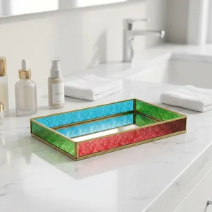 <b>Rectangular</b> Glass Storage <b>Tray</b> <b>Mirrored</b> Base Lacquered Finish Embossed Red Green Blue Panels Modern Design Table Organization - Product Image 3