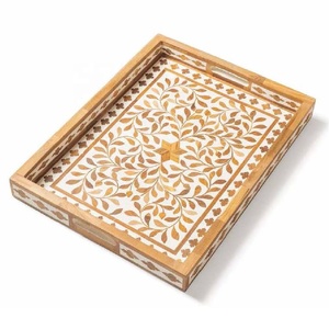High Quality Handcrafted Geometric Floral Pattern Bone Inlay Black and Cream Household Multipurpose Serving <b>Breakfast</b> <b>Tray</b> - Product Image 3