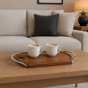 Plateau de service décoratif en bois d'acacia de luxe avec poignées métalliques, plateau d'appoint élégant pour table basse, console, ottoman, décoration - Product Image 3