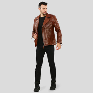 Veste de moto en cuir véritable marron pour homme, coupe ajustée, col rabattu, fermeture éclair, style motard, vêtement d'automne - Product Image 2