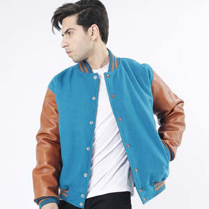 Veste de sport en laine bleue pour homme avec manches en cuir marron, col rabattu, vêtement décontracté pour l'automne - Product Image 4