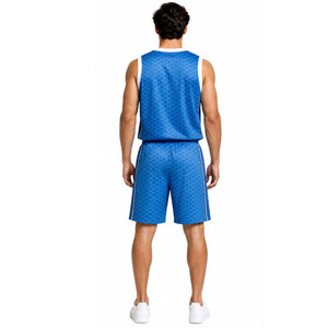 Ensemble de maillot de basket sans manches bleu pour homme, col en V, impression par sublimation, vêtements de sport respirants, coupe régulière pour adulte, motif géométrique - Product Image 5