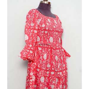 Vestido maxi de algodón 100% puro para mujer, estampado floral indio hecho a mano, manga acampanada, dulce, cómodo, informal, sencillo para la noche. - Product Image 5