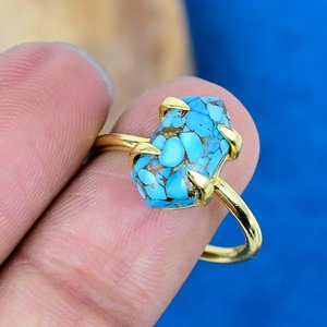 Natura Blue Copper Turquoise Hexagon Shape Gemstone 18k Gold Micron Over 925 Sterling <b>Silver</b> - Product Image 3