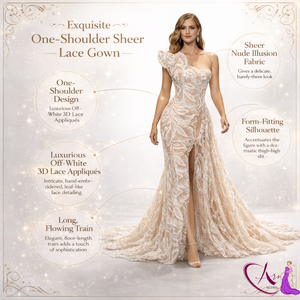 Vestido de Novia de Encaje Color Marfil de Lujo |   Vestido de novia de diseñador con un solo hombro y cola |   Elegante Vestido de Novia Estilo Sirena, Corte Ajustado, Alta Costura - Product Image 6
