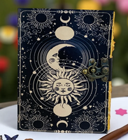 Cuaderno Vintage Hecho a Mano de Papel Negro con Diseño de Sol y Luna, Diario, Libro de Bocetos, Encuadernado con Hilo, Tapa Dura, Cierre de Latón, Sin Rayas, Regalo