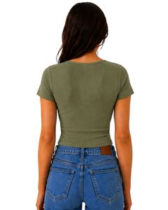 Top Corto de Punto Acanalado Verde Oliva para Mujer, Manga Corta, Cierre de Botones al Frente, Corte Ajustado, Cuello Cuadrado, Blusa Informal de Verano de Algodón - Product Image 2