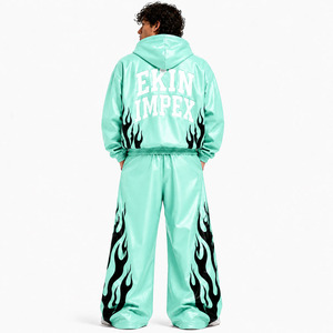 Conjunto Deportivo Personalizado con Logotipo, Verde Menta, Cuero PU Transpirable e Impermeable, Sudadera Holgada para Hombre, Pantalones Anchos, Ropa Urbana de Dos Piezas - Product Image 2