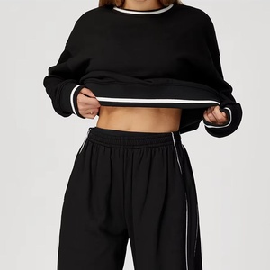Women's Oversized Black Crew Neck <b>Sweatshirt</b> Solid Color Knitted Long Sleeve Regular Fit - Product Image 3
