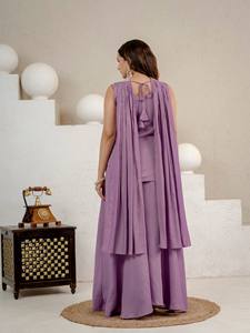 Ensemble haut et pantalon brodés violets, longueur genou, motif floral, tenue ethnique pour femme, robe de soirée, costume de mariage - Product Image 6