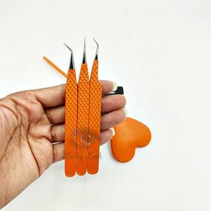 LUCKY LASH <b>TOOLS</b> Orange Powder Coated Stainless Steel Eyelash Tweezers <b>Smooth</b> Tip High Silver Tip Durable 10MM Length Tweezers - Product Image 2