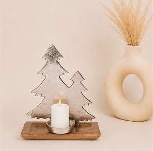 Antique Silver Aluminium Christmas Tree Candle Holder With Natural Mango Wood Base Handcrafted Metal <b>Tea</b> Light <b>Stand</b> For Festive - Product Image 2