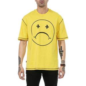 Camiseta Amarilla de Manga Corta para Hombre con Estampado de Cara Triste de Dibujos Animados, Cuello Redondo, Corte Regular, Ropa Casual, 100% Algodón Jersey - Product Image 3